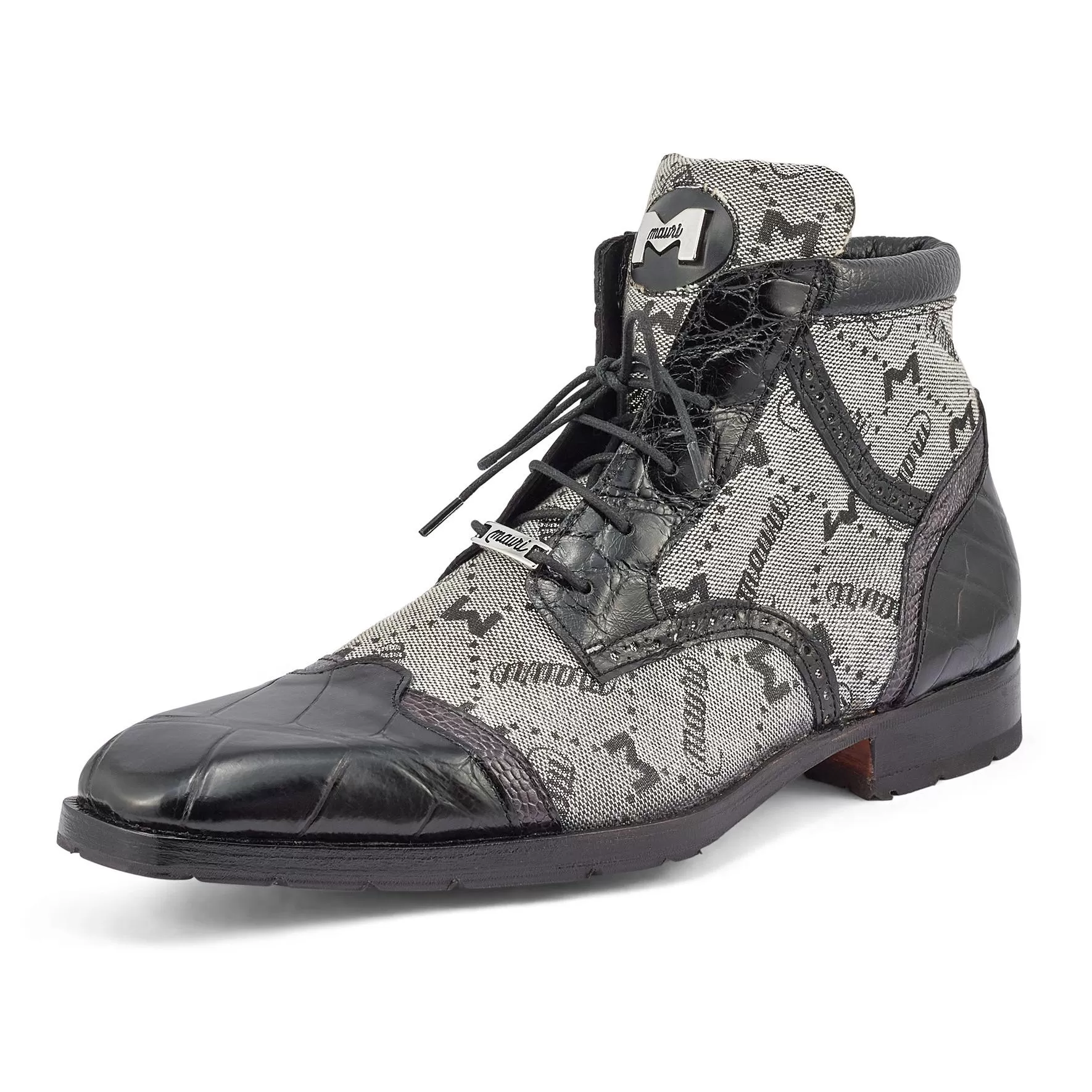 Mauri "Jetset" Black / Gray Genuine Alligator / Ostrich Leg / Mauri Fabric Derby Boots 3069. 4 Mauri "Jetset" Black / Gray Genuine Alligator / Ostrich Leg / Mauri Fabric Derby Boots 3069. - Image 2