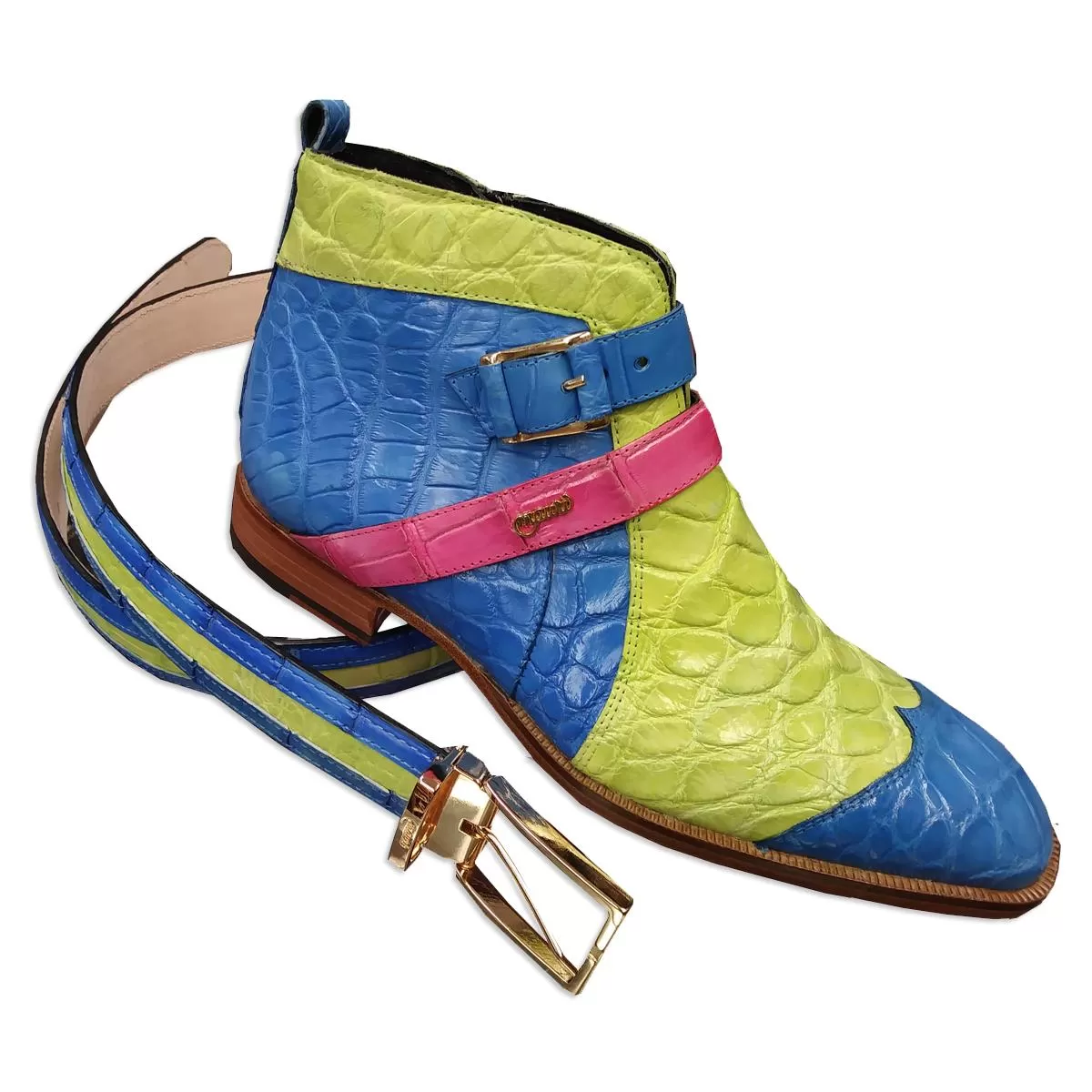Mauri "Bellini" 4828 Lime Green / Blue / Pink Genuine Alligator Monk Strap Boots. 3 Mauri "Bellini" 4828 Lime Green / Blue / Pink Genuine Alligator Monk Strap Boots.