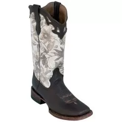 Ferrini Ladies 81093-19 Chocolate / White Floral Genuine Cowhide Leather S-Toe Cowboy Boots.