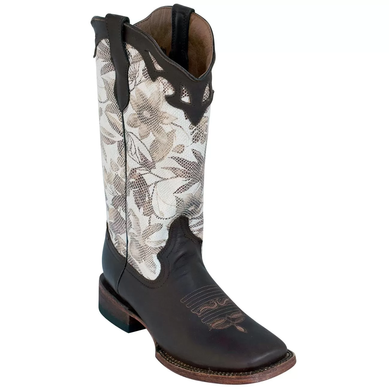 Ferrini Ladies 81093-19 Chocolate / White Floral Genuine Cowhide Leather S-Toe Cowboy Boots. 3 Ferrini Ladies 81093-19 Chocolate / White Floral Genuine Cowhide Leather S-Toe Cowboy Boots.