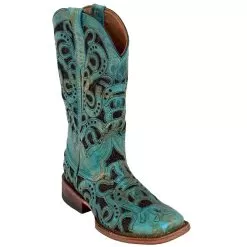 Ferrini Ladies 83093-50 Turquoise Genuine Cowhide Leather S-Toe Cowboy Boots.