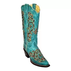 Ferrini Ladies 84261-50 Turquoise "Print Leopard Inlay" Genuine Leather Cowgirl Boots