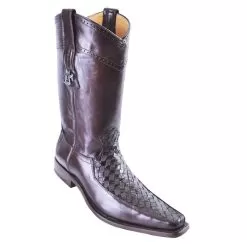 Los Altos Brown Genuine Basket Weave Lizard / Eel With Deer Skin Square Toe Cowboy Boots 716107