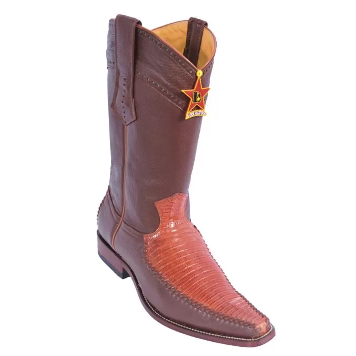 Los Altos Cognac Genuine Lizard / Deer Skin Square Toe Cowboy Boots 770703 3 Los Altos Cognac Genuine Lizard / Deer Skin Square Toe Cowboy Boots 770703