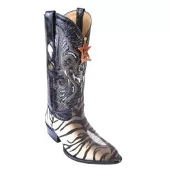 Los Altos White Brown Genuine Stingray Tiger Design J-Toe Cowboy Boots 995573