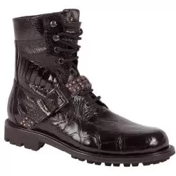 Mauri 2843 "Odissey" Black Genuine Alligator/Ostrich Leg Nappa Leather Boots With Metal Studded Strap