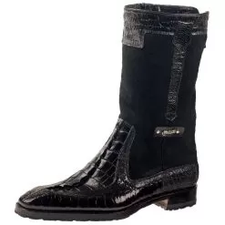 Mauri "Masculine" 2842 Black Genuine Ostrich Leg / Shearling / Embossed Nappa / Hornback Crocodile Tail Boots